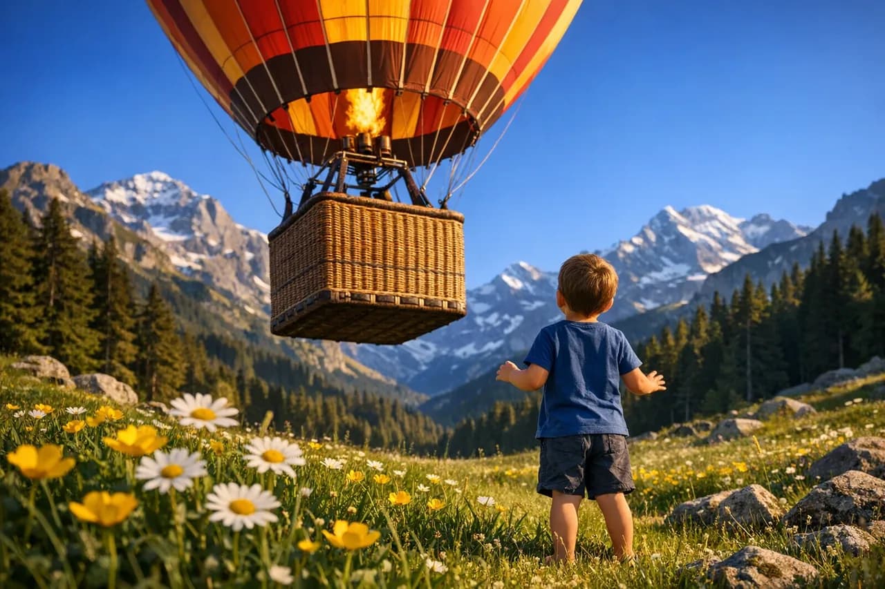 Ein kleiner Junge steht auf einer Alpwiese und schaut zu einem bunten Heissluftballon hinauf, der zu ihm herunterkommt.